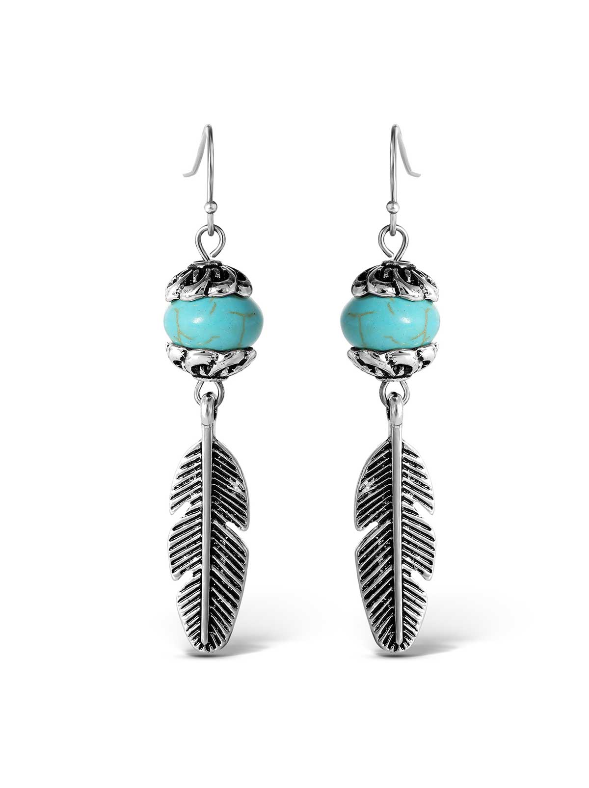Jessica Simpson Featured - Turquoise Bead Feather Drop Earrings in Silver