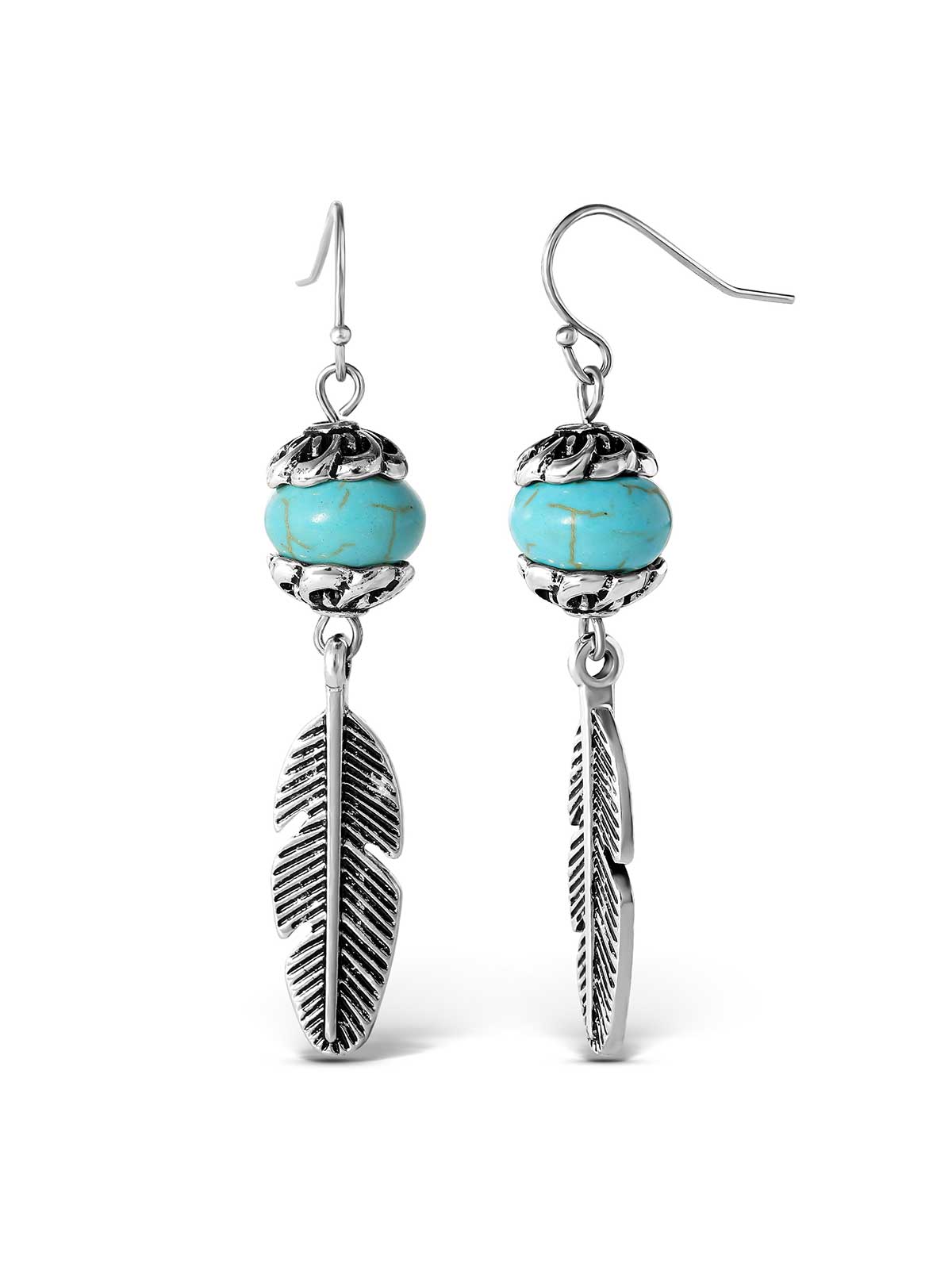 Jessica Simpson Featured - Turquoise Bead Feather Drop Earrings in Silver