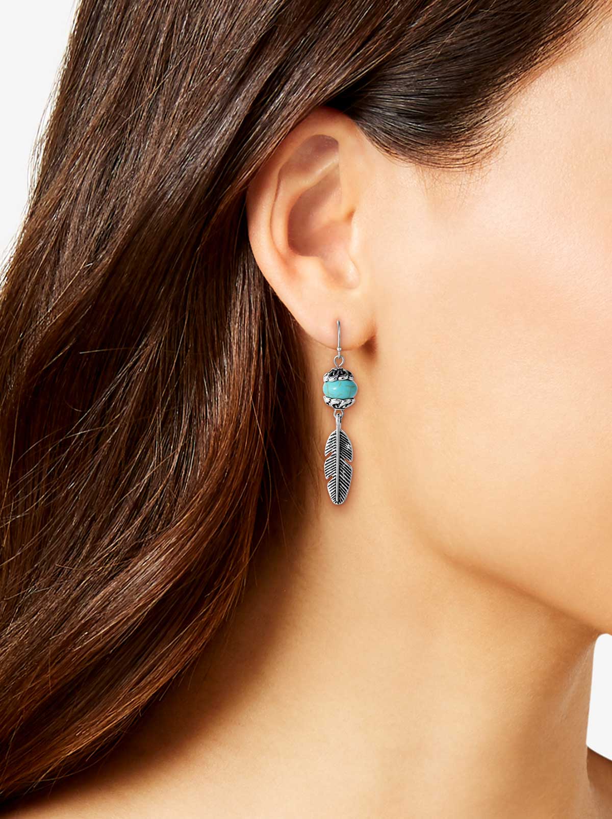 Jessica Simpson Featured - Turquoise Bead Feather Drop Earrings in Silver