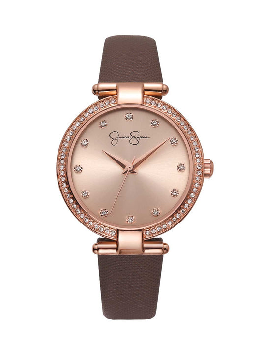 Jessica Simpson Recommended - Crystal Bezel Brown Strap Watch in Rose Gold Tone