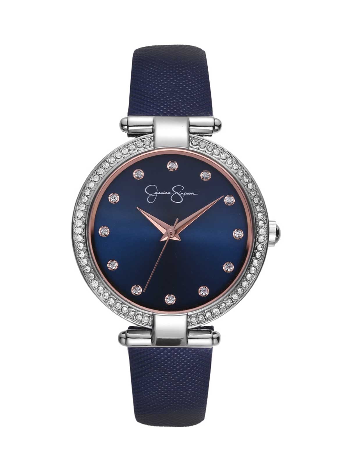 Jessica Simpson Exclusive - Crystal Bezel Navy Strap Watch in Silver Tone