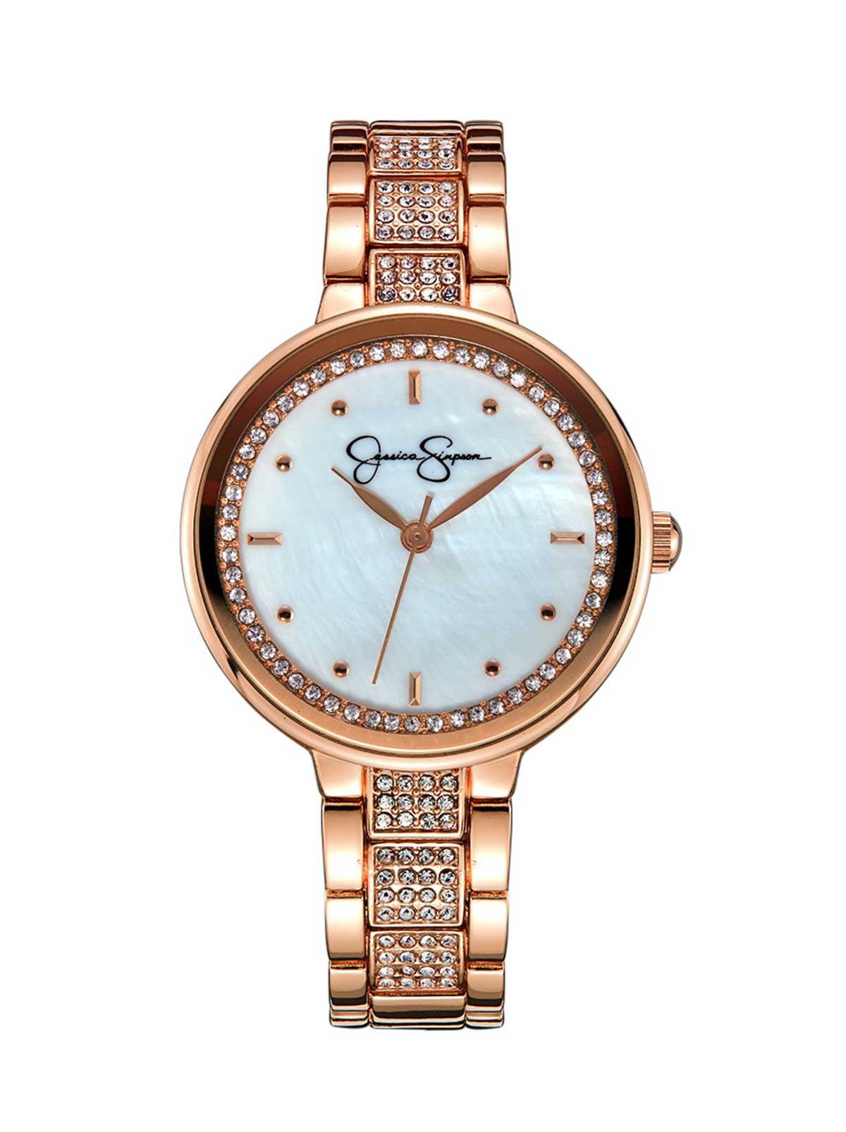 Jessica Simpson Featured - Crystal & Genuine Mother Of Pearl Dial Watch in Rose Gold Tone