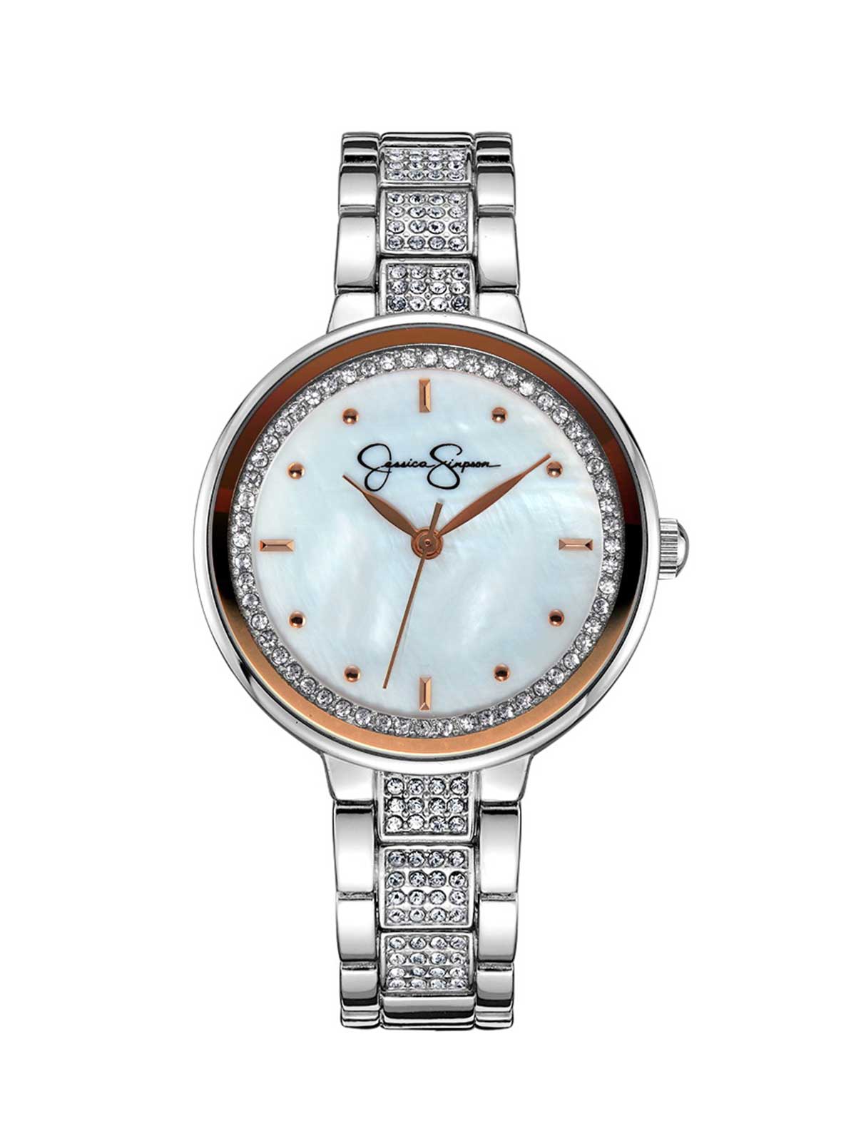 Jessica Simpson Popular - Crystal & Genuine Mother Of Pearl Dial Watch in Silver Tone