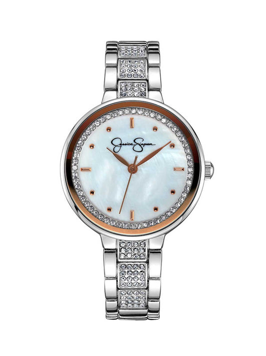 Jessica Simpson Popular - Crystal & Genuine Mother Of Pearl Dial Watch in Silver Tone