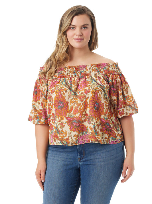 Jessica Simpson Popular - Rosiya Off Shoulder Top in Apricot Sherbet Paisley