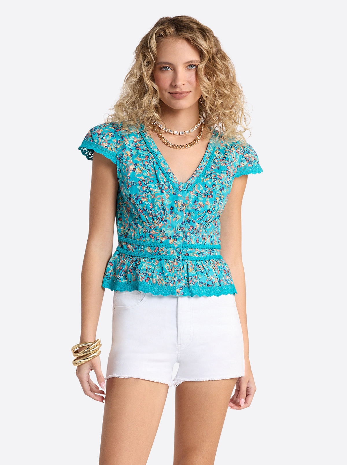 Jessica Simpson Featured - Alessia Blouse in Tile Blue Acrylic Ditsy